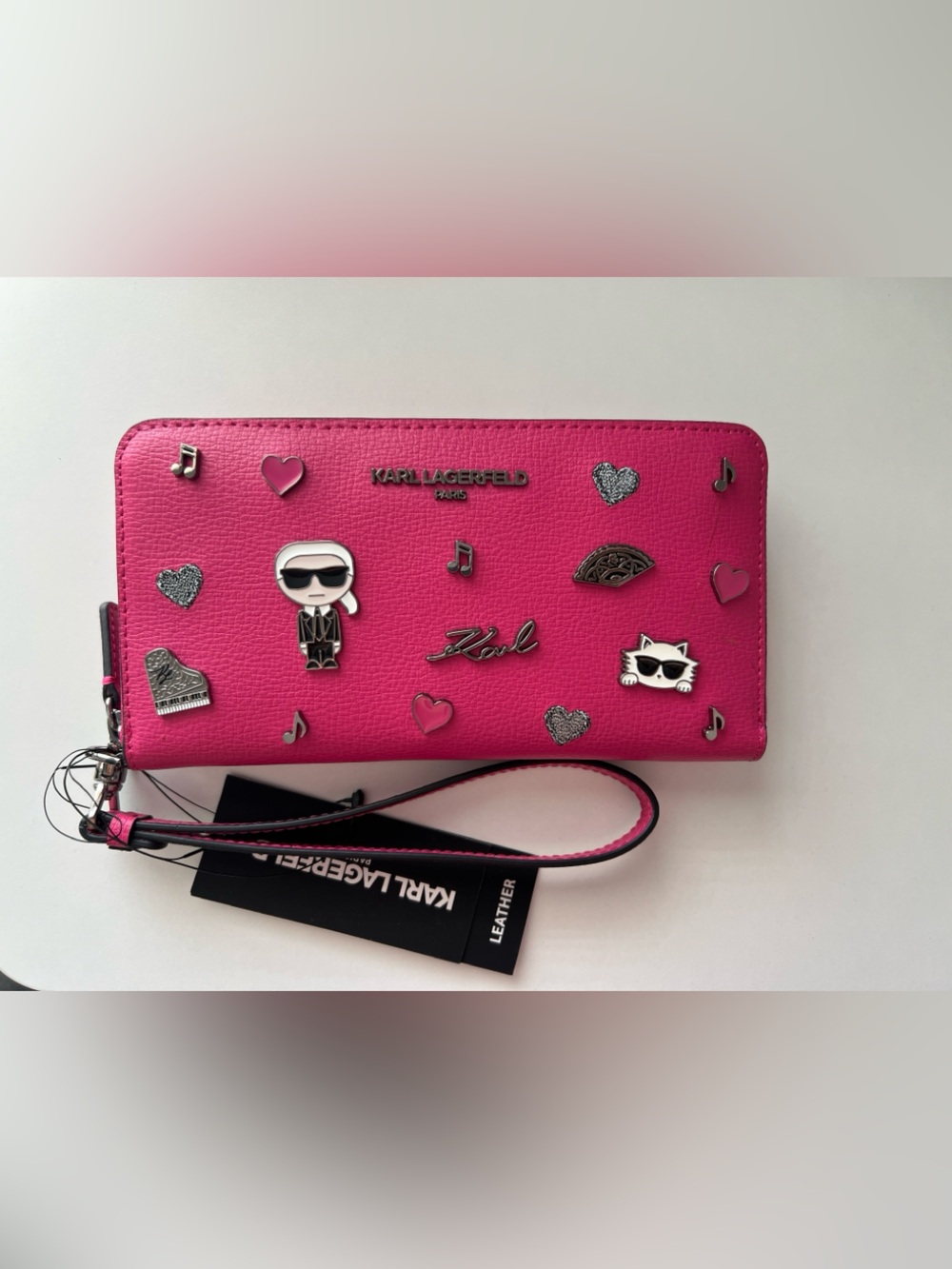 Karl Lagerfeld Hot Pink Leather Zip Wristlet with Charms
